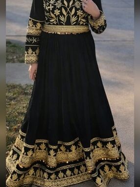 Elegant Dark Green and Gold Embroidered Afghan Dress By Designer Khanoomi